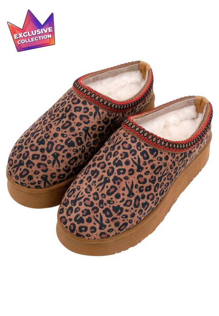 Women Vegan Leather Brown Plush Slippers - Looney Tunes Leopard Looney Tasarım - 1