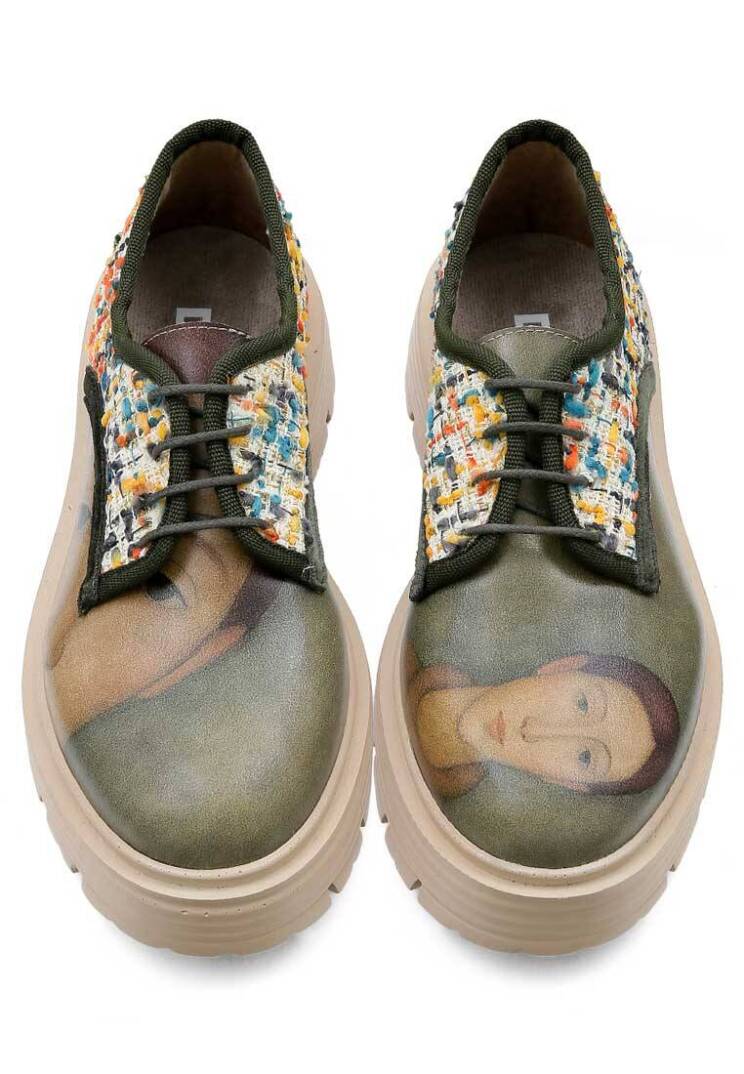 Women Vegan Leather Cream Casual Shoes - Painting of a Lady - 2