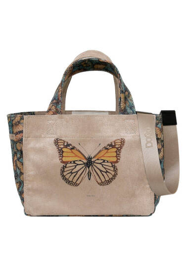 Women Vegan Leather Cream Medium Tote Bag - Moths and Butterflies