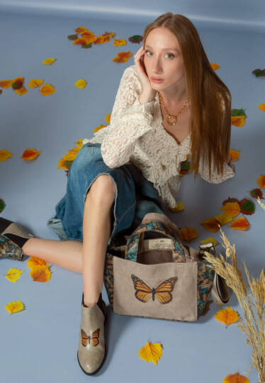 Women Vegan Leather Cream Medium Tote Bag - Moths and Butterflies - 2