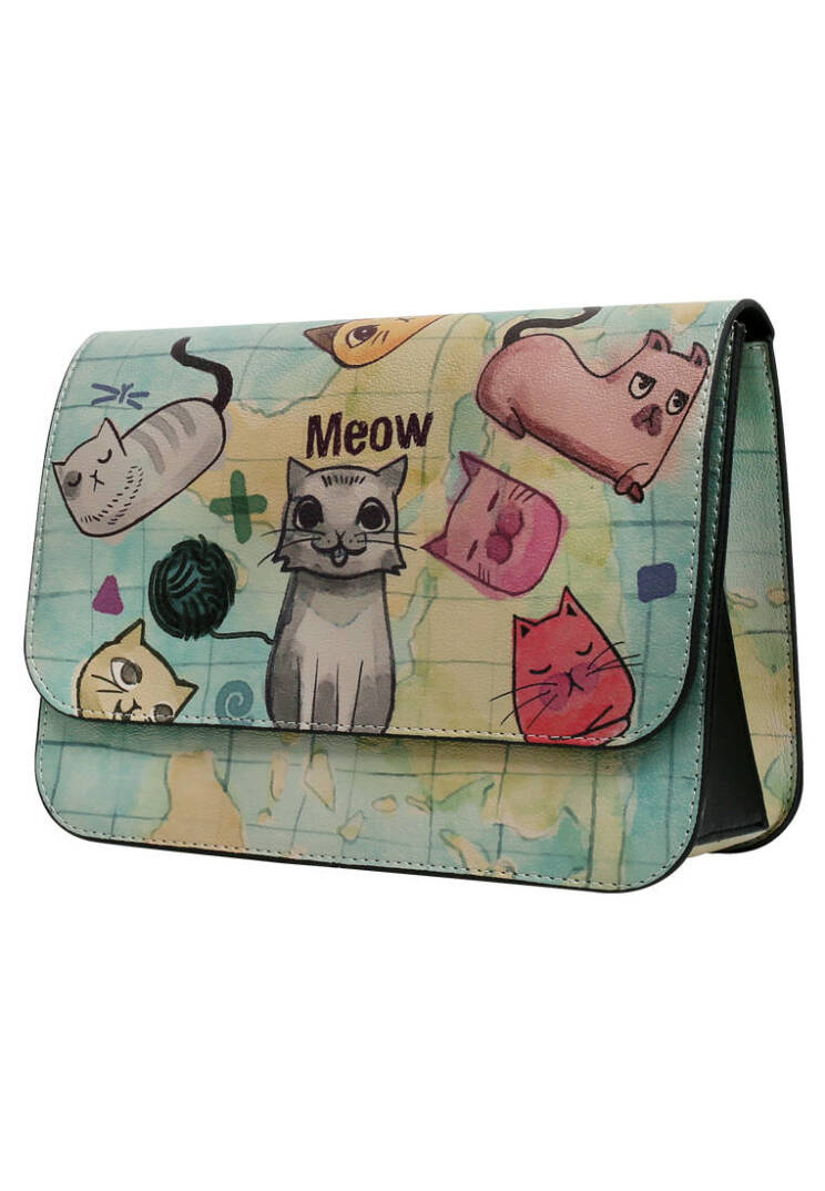 Women Vegan Leather Green Clutch Bag - Cats of the World - 3