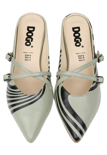 Women Vegan Leather Green Heeled Slippers - Zig Zag - 3