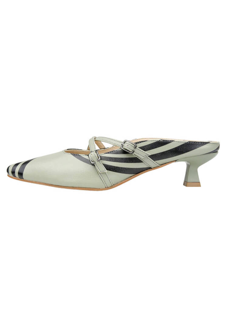 Women Vegan Leather Green Heeled Slippers - Zig Zag - 4
