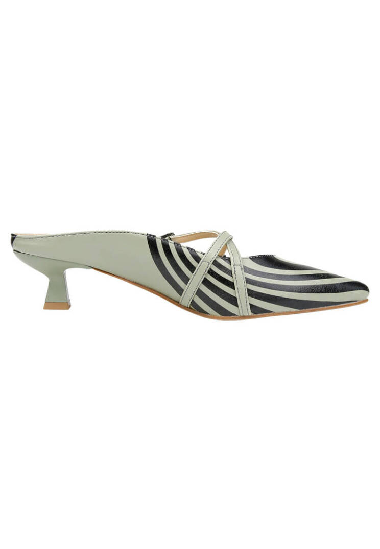 Women Vegan Leather Green Heeled Slippers - Zig Zag - 5