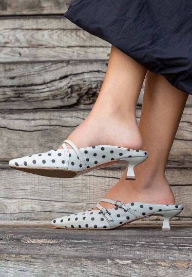Women Vegan Leather Grey Heeled Slippers - Polka Dots - 1
