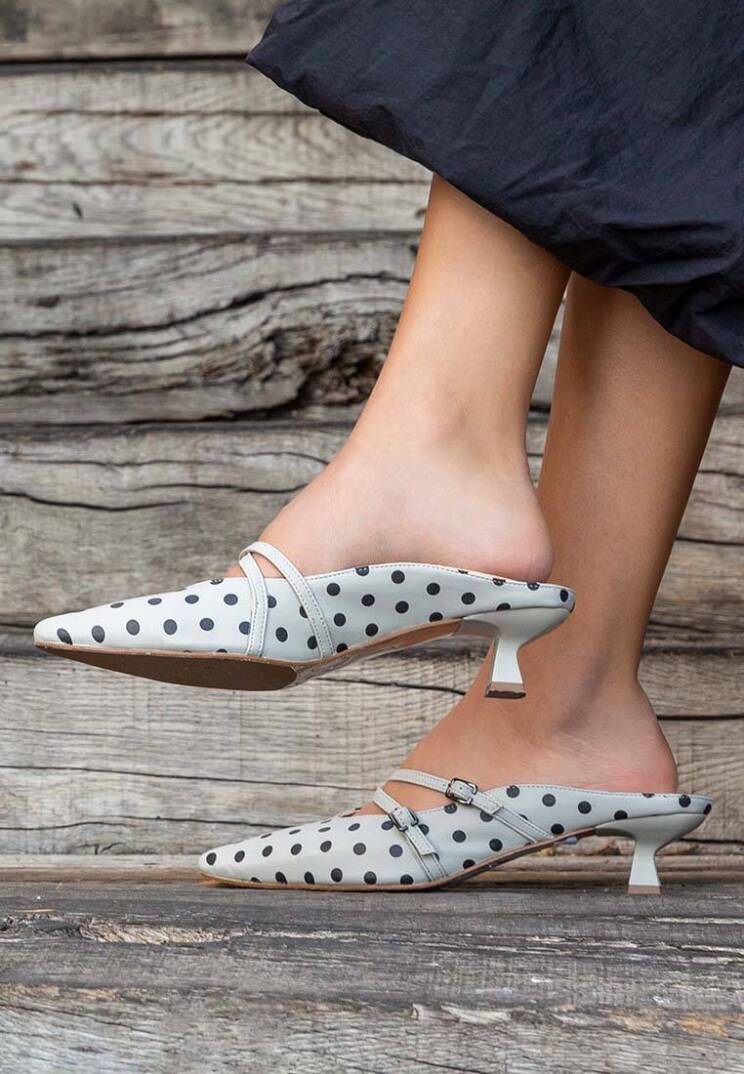 Women Vegan Leather Grey Heeled Slippers - Polka Dots - 1