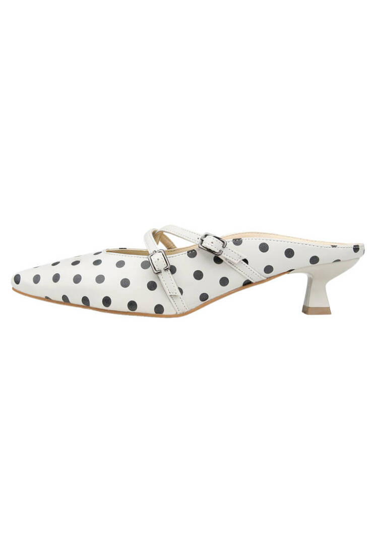 Women Vegan Leather Grey Heeled Slippers - Polka Dots - 4
