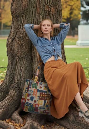 Women Vegan Leather Multicolor Large Tote Bag - Anatolian Patterns - 6