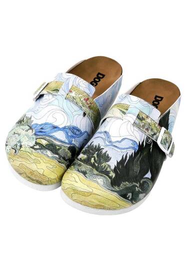 Women Vegan Leather Multicolor Slippers - Vincent van Gogh A Wheat Field with Cypresses - 2