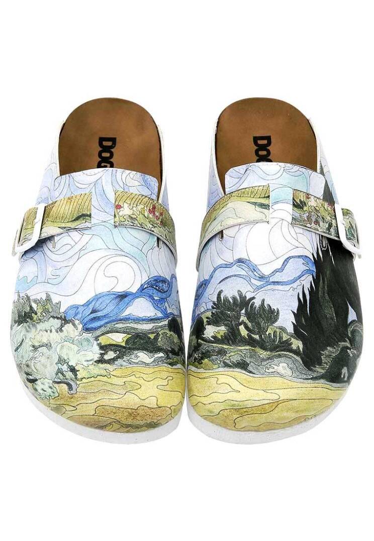 Women Vegan Leather Multicolor Slippers - Vincent van Gogh A Wheat Field with Cypresses - 3