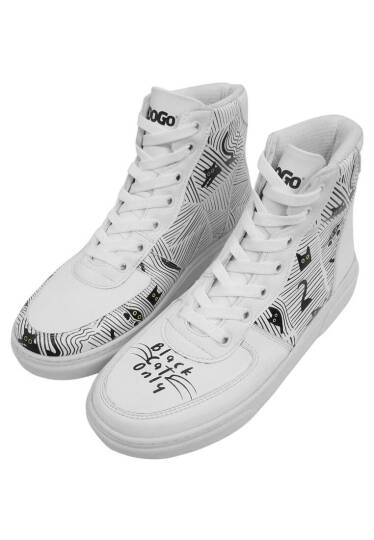 Women Vegan Leather White High Sneakers - Black Cats Only - 3