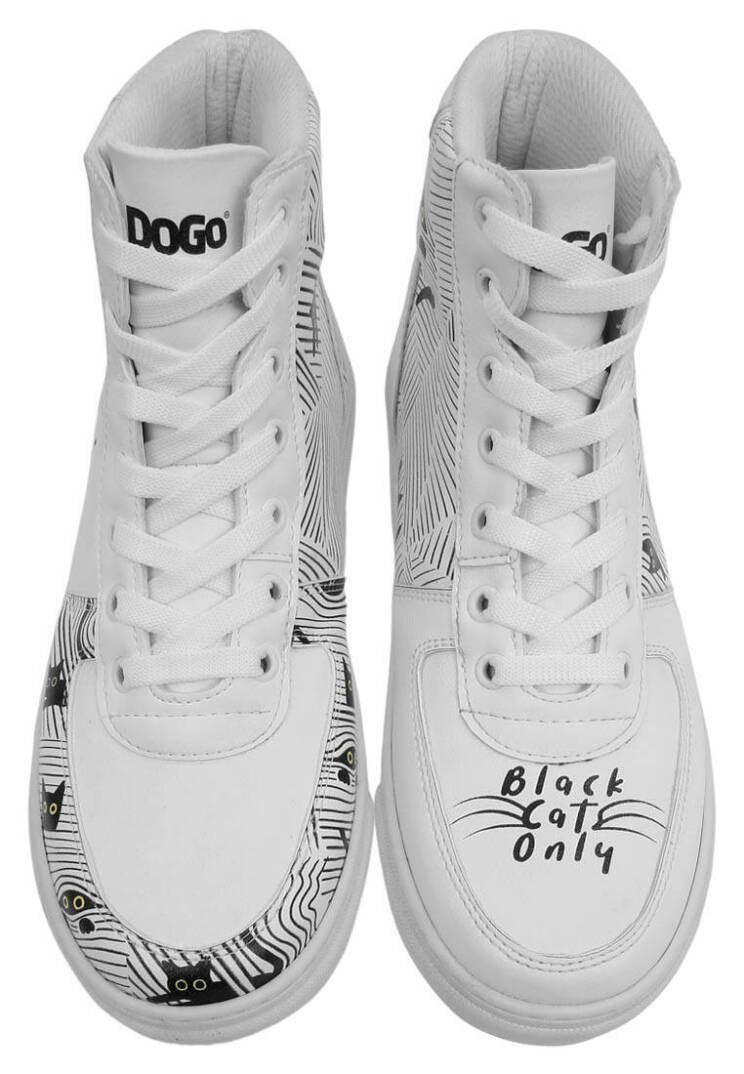 Women Vegan Leather White High Sneakers - Black Cats Only - 4
