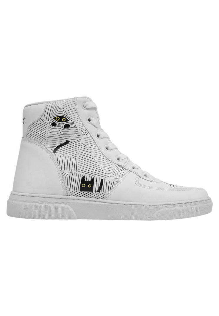 Women Vegan Leather White High Sneakers - Black Cats Only - 6