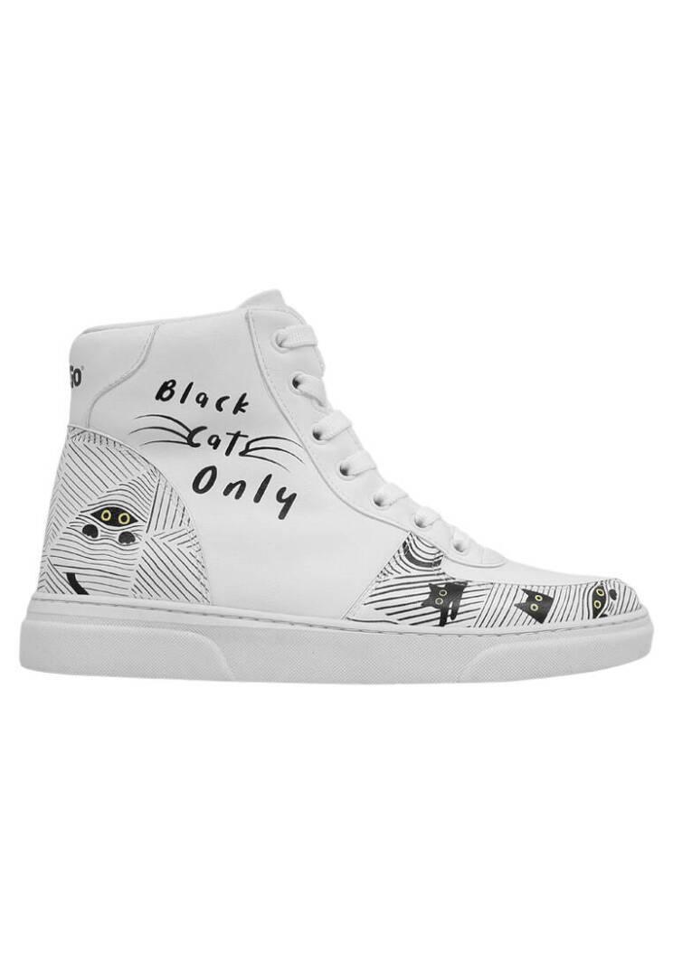 Women Vegan Leather White High Sneakers - Black Cats Only - 8