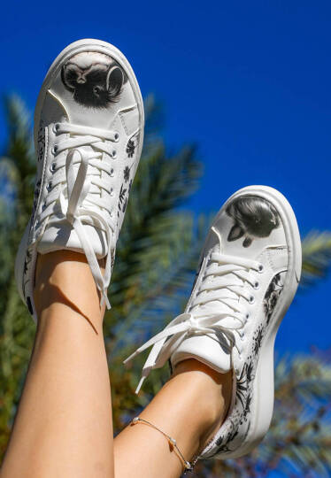 Women Vegan Leather White Platform Sneakers - Fluffy