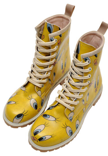 Women Vegan Leather Yellow Tall Boots - Warner Bros Tweety in Yellow - 2