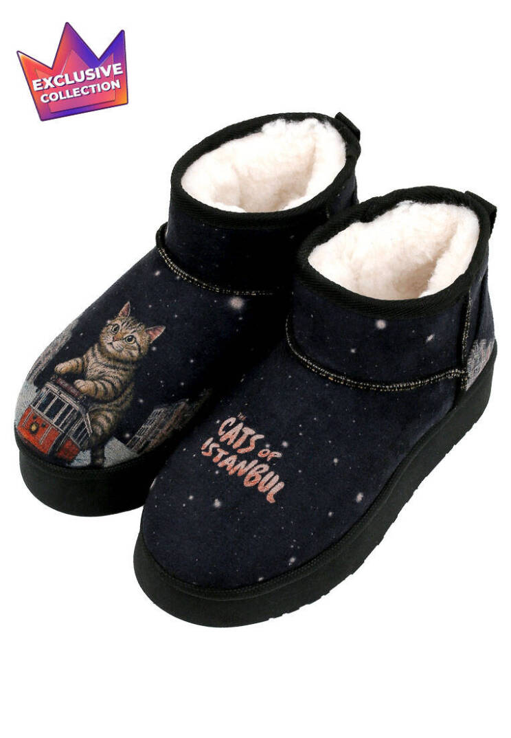 Women's Black Vegan Leather Fleece-Lined Ankle Boots - Paws on Taksim Design - 1