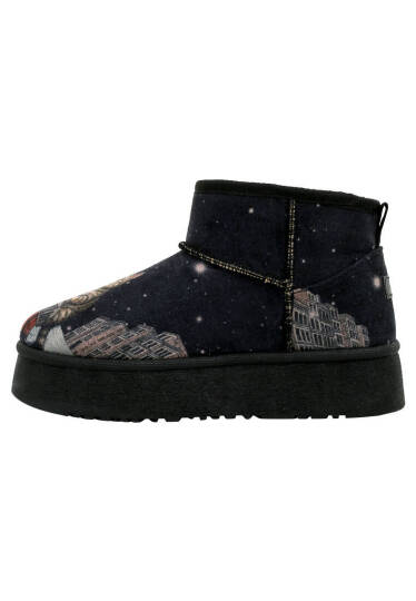 Women's Black Vegan Leather Fleece-Lined Ankle Boots - Paws on Taksim Design - 3
