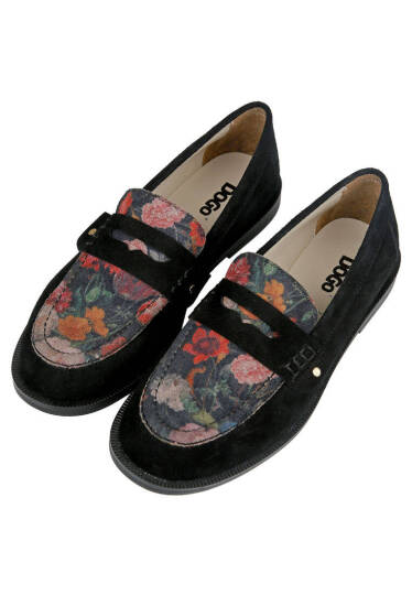 Women's Black Vegan Leather Loafers - Black Floral Design