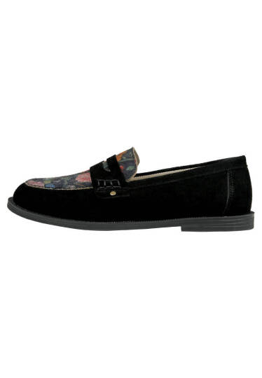 Women's Black Vegan Leather Loafers - Black Floral Design - 2
