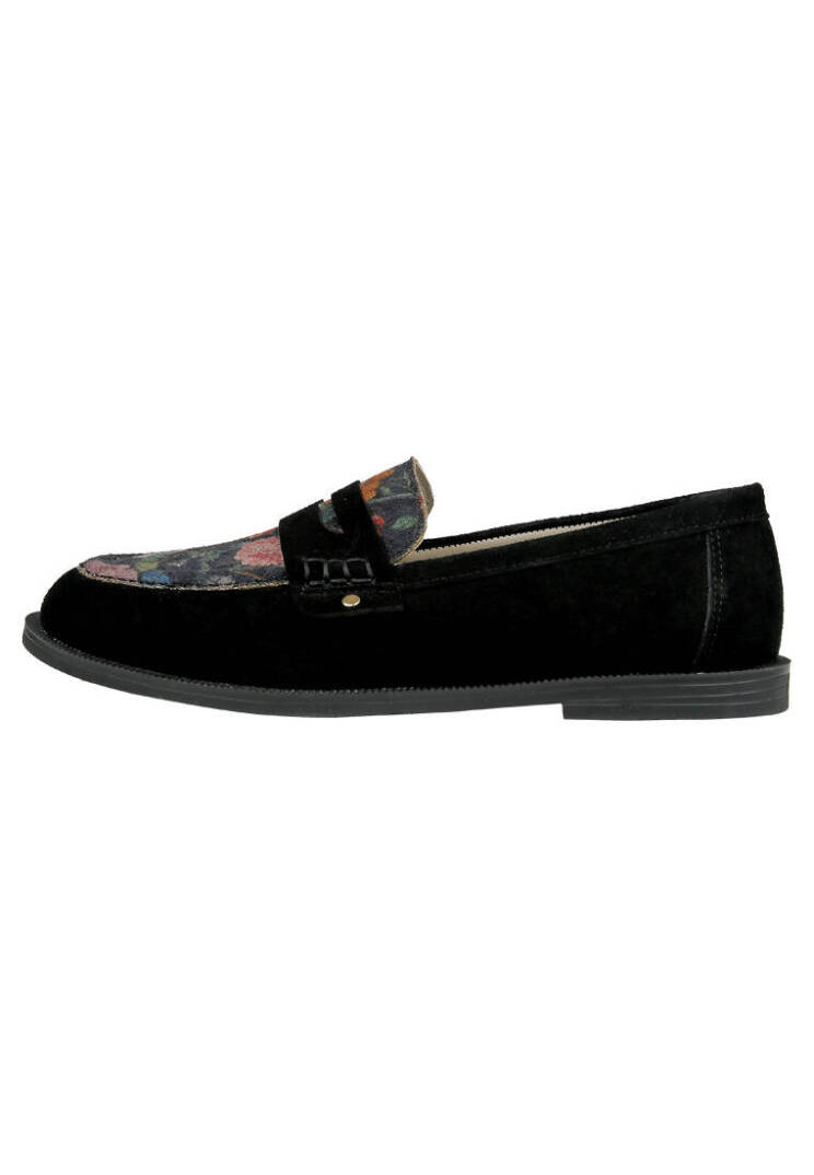Women's Black Vegan Leather Loafers - Black Floral Design - 2