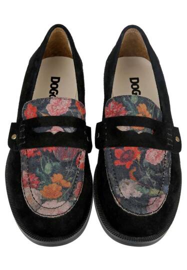 Women's Black Vegan Leather Loafers - Black Floral Design - 3
