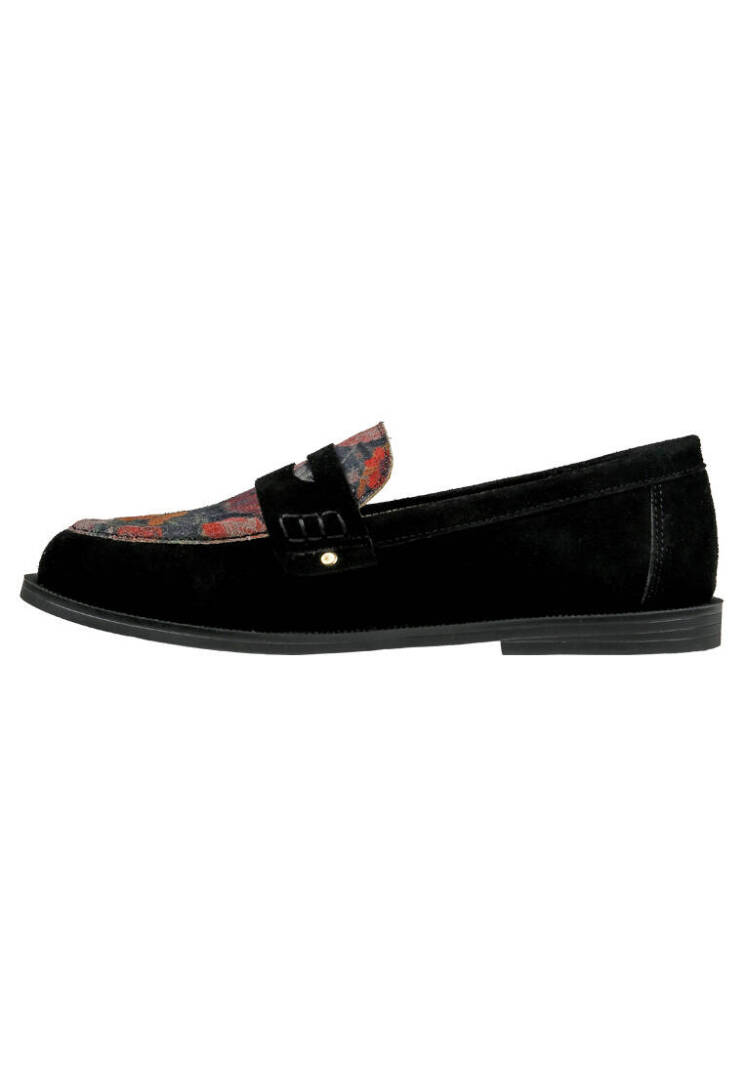 Women's Black Vegan Leather Loafers - Black Floral Design - 6