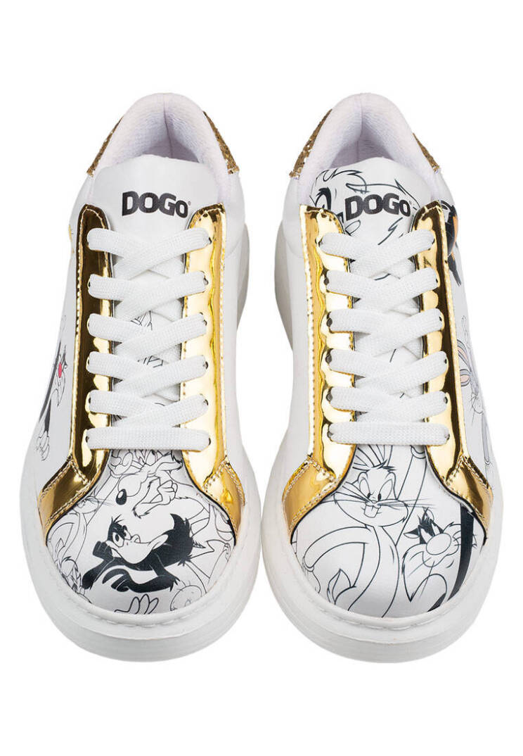 Women's Vegan Leather White Sneakers - Warner Bros Bugs Bunny Looney Tunes Chasing Tunes Design - 4