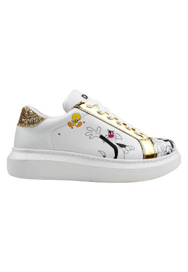 Women's Vegan Leather White Sneakers - Warner Bros Bugs Bunny Looney Tunes Chasing Tunes Design - 9