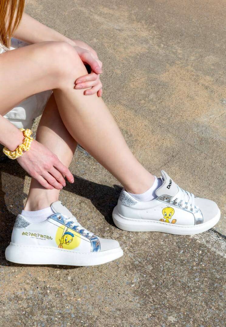 Women's Vegan Leather White Sneakers - Warner Bros Tweety Sylvester Puddy Tat Design - 1