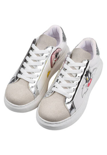 Women's Vegan Leather White Sneakers - Warner Bros Tweety Sylvester Puddy Tat Design - 2