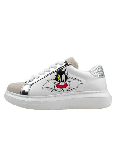 Women's Vegan Leather White Sneakers - Warner Bros Tweety Sylvester Puddy Tat Design - 4
