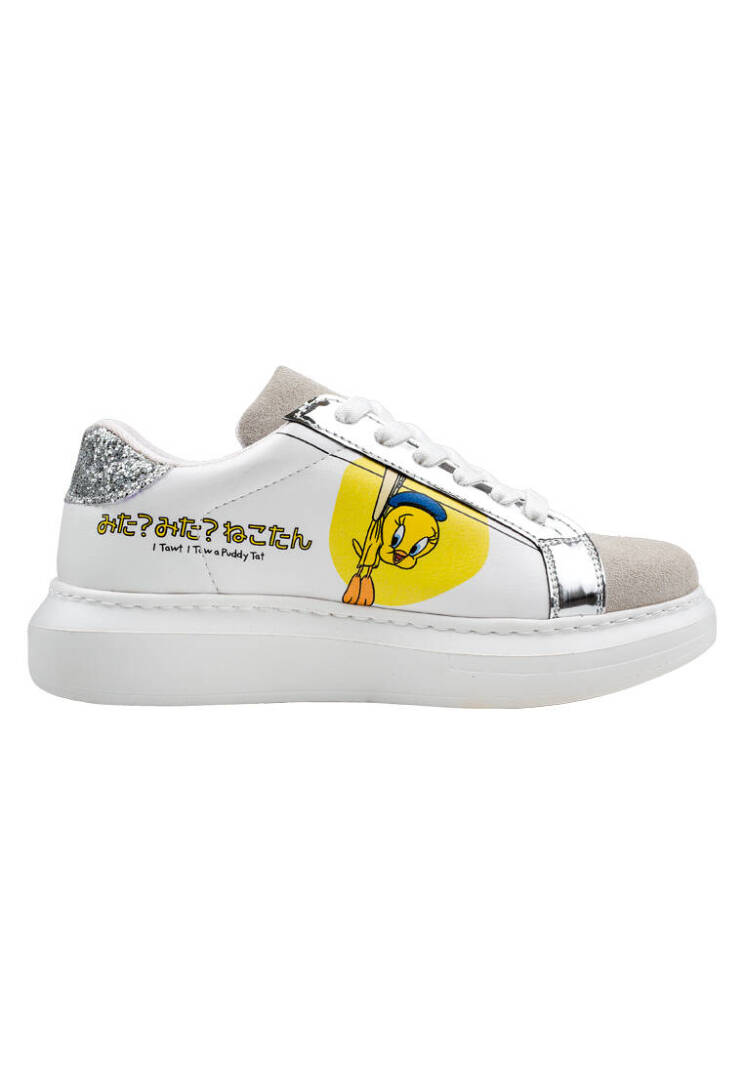 Women's Vegan Leather White Sneakers - Warner Bros Tweety Sylvester Puddy Tat Design - 5