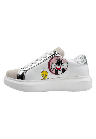 Women's Vegan Leather White Sneakers - Warner Bros Tweety Sylvester Puddy Tat Design - 7