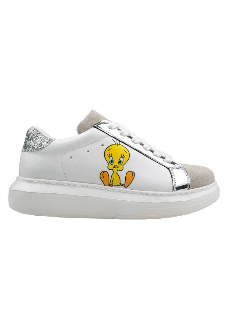 Women's Vegan Leather White Sneakers - Warner Bros Tweety Sylvester Puddy Tat Design - 8