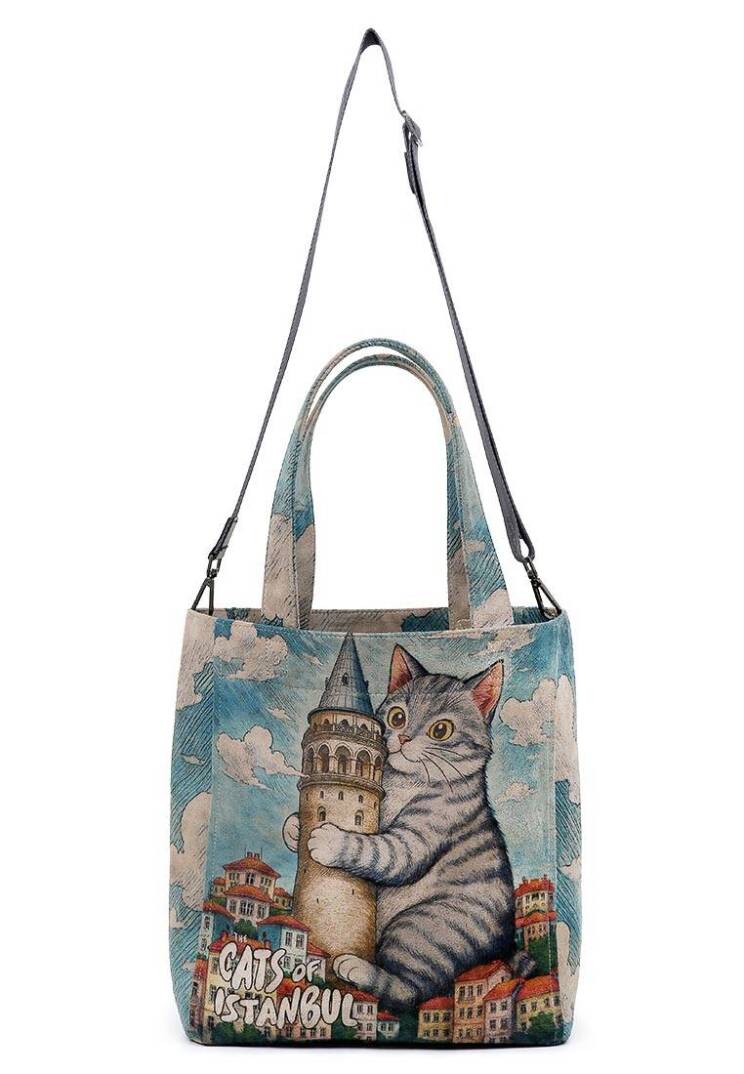 Женская Синяя Большая Сумка Тоут из Веганской Кожи - Galata Cat - 3
