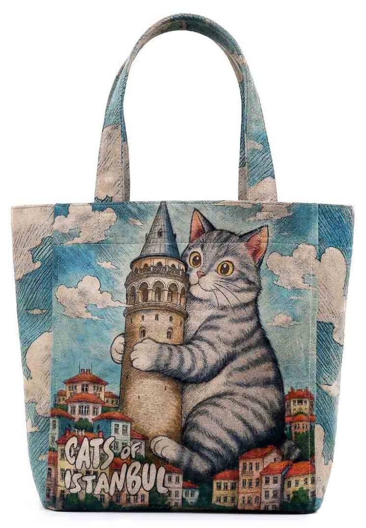 Женская Синяя Большая Сумка Тоут из Веганской Кожи - Galata Cat - 4