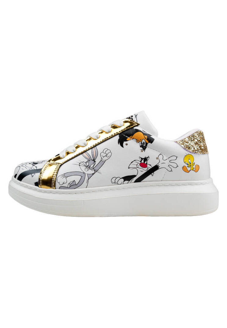Женские белые кроссовки из веганской кожи — Warner Bros Bugs Bunny Looney Tunes Chasing Tunes Design - 5