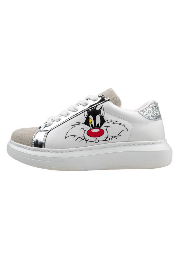 Женские белые кроссовки из веганской кожи — Warner Bros Tweety Sylvester Puddy Tat Design - 4