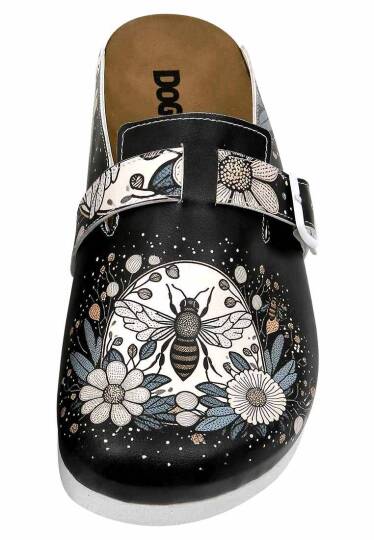 Женские Черные Шлепанцы из Веганской Кожи - Bee with Flowers - 6